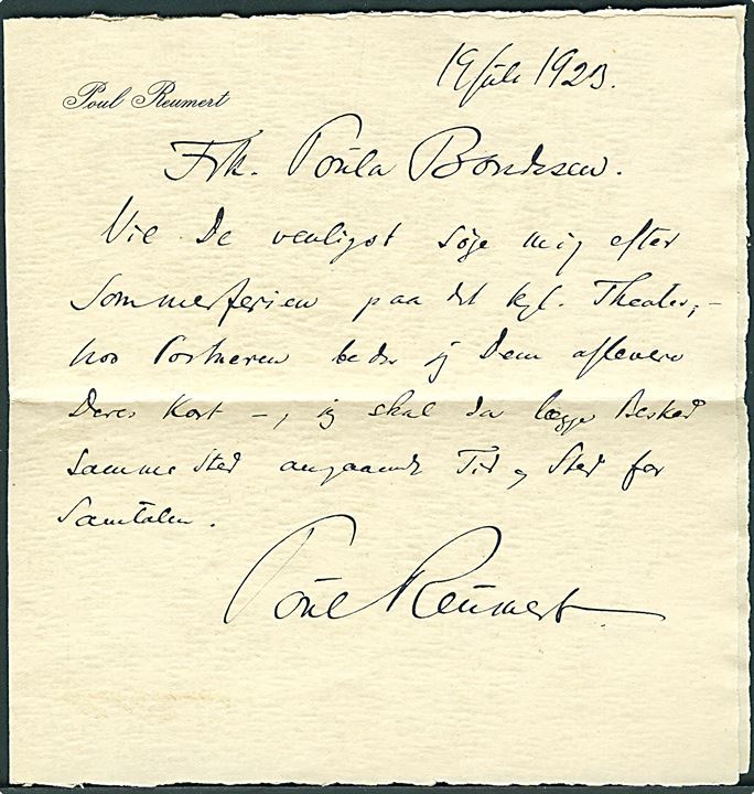 10 øre Bølgelinie på fortrykt kuvert fra skuespilleren Poul Reumert (1883-1968) sendt lokalt fra København d. 19.7.1923 til Charlottenlund. Indeholder fortrykt brevpapir med flot signatur. 