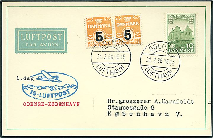 5/6 øre Provisorium i parstykke og 10 øre 1000 års udg. på filatelistisk is-luftpost brevkort annulleret med sjældent brotype IId Odense Lufthavn d. 21.2.1956 til København.