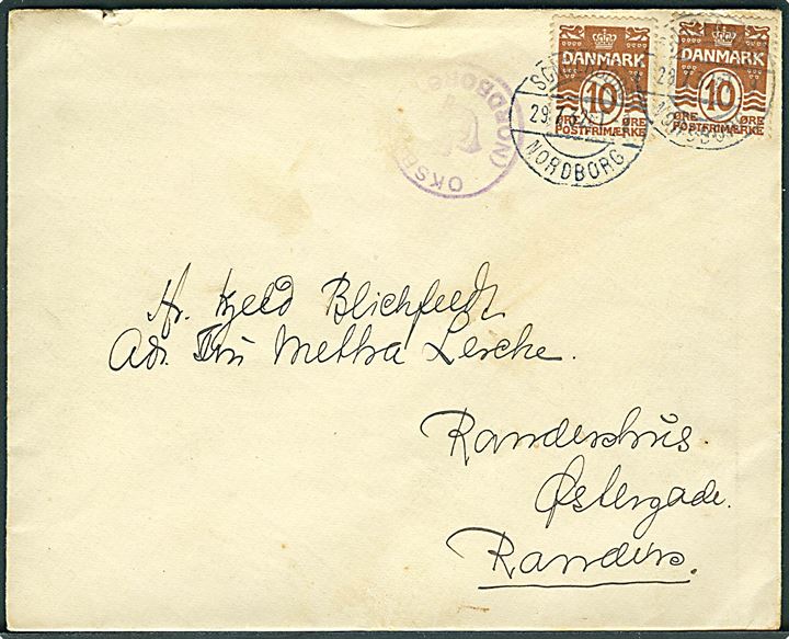 10 øre Bølgelinie (2) på brev annulleret med bureaustempel Sønderborg - Nordborg T.9 d. 29.7.1932 og sidestemplet med posthornstempel OKSBØL (NORDBORG) til Randers.