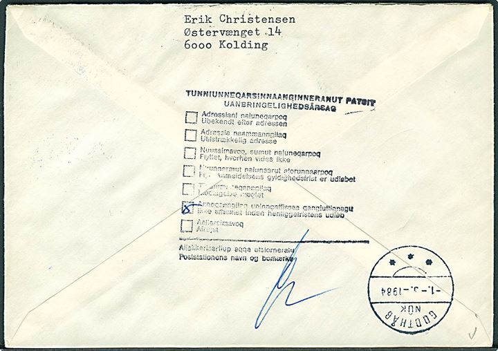 2,50 kr. Godthåb 250 år på brev fra Julianehåb d. 14.11.1983 til Færingehavn. Ank.stemplet med interessant blåt brotypestempel Færingehavn d. 10.2.1984 og returneret til Kolding, Danmark.