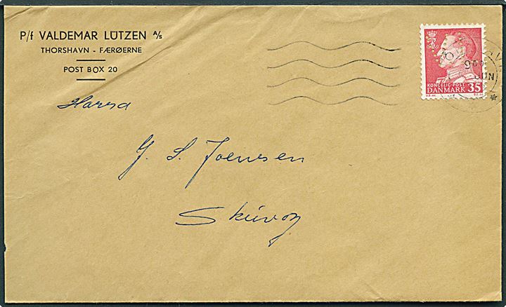 35 øre Fr. IX på fortrykt kuvert fra firma P/f Valdemar Lützen A/S med perfin V.L. fra Tórshavn d. 5.6.1963 til Skuroy.