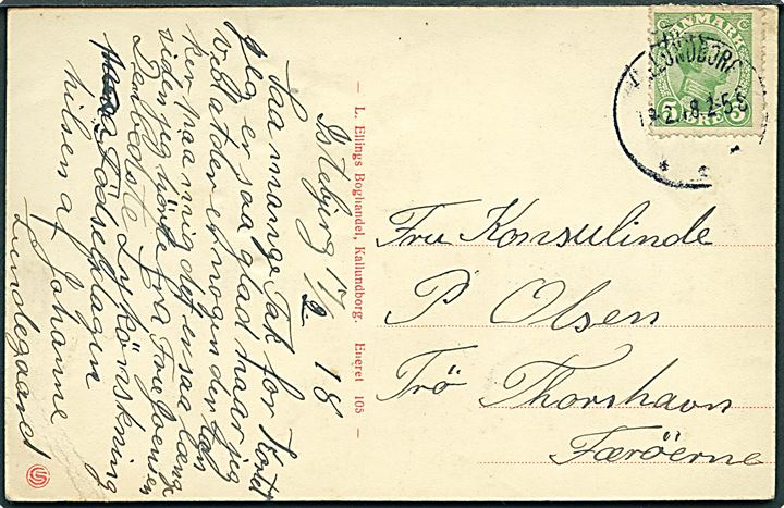 5 øre Chr. X på brevkort fra Kallundborg d. 17.2.1918 til Thorshavn, Færøerne.