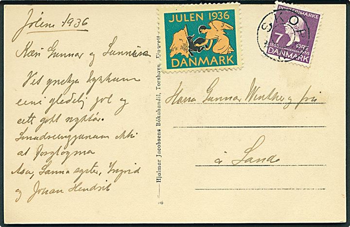 7 øre H.C.Andersen og Julemærke 1936 på lokalt julekort annulleret med udslebet stjernestempel SKOPEN.