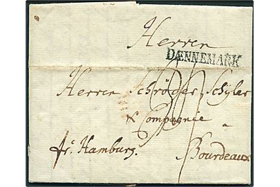 1794. Francobrev dateret Flensburg  d. 9.1.1794 påskrevet Fr. Hamburg med liniestempel DÆNNEMARK til Bordeaux, Frankrig. Fuldt indhold.