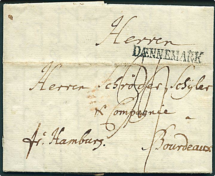 1794. Francobrev dateret Flensburg  d. 9.1.1794 påskrevet Fr. Hamburg med liniestempel DÆNNEMARK til Bordeaux, Frankrig. Fuldt indhold.