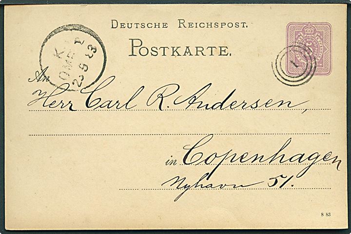 5 pfg. helsagsbrevkort fra Stettin annulleret sendt som skibspost og annulleret med dansk nr.stempel 1 og sidestemplet K. OMB.2 d. 23.9.1883 til København, Danmark.