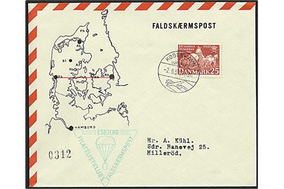 25 øre Frimærkejubilæum på falskærmspost kuvert fra København Lufthavn d. 2.9.1951 via Esbjerg til Hillerød.