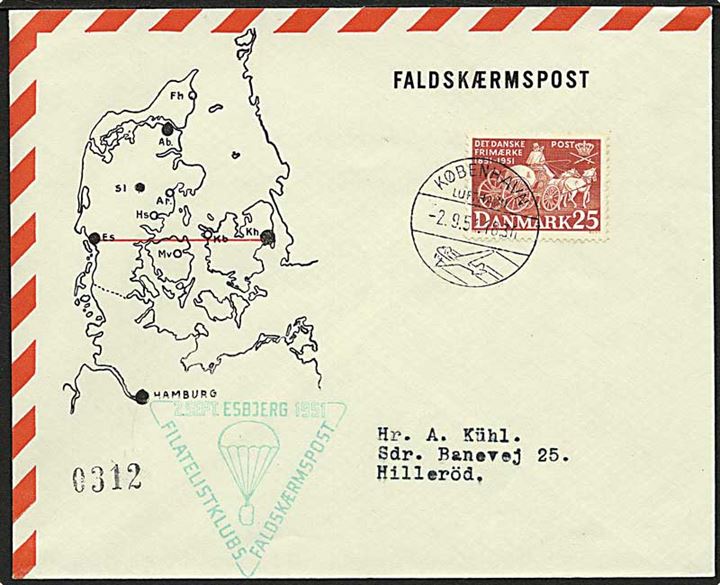 25 øre Frimærkejubilæum på falskærmspost kuvert fra København Lufthavn d. 2.9.1951 via Esbjerg til Hillerød.