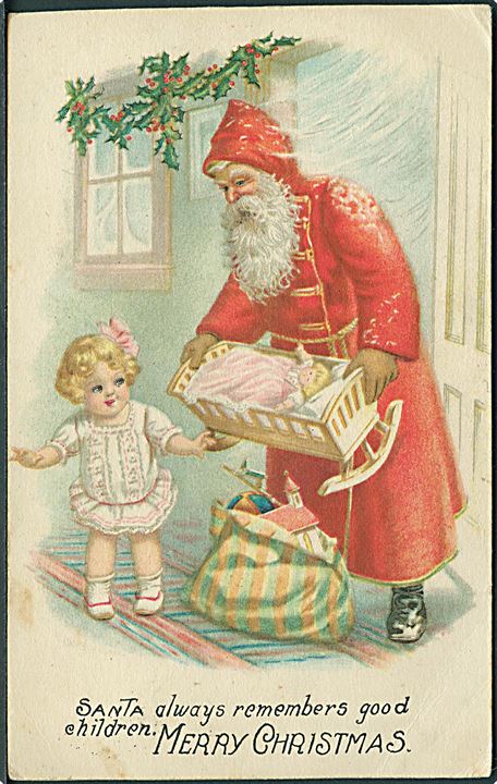 Santa always remembers good children. Merry Christimas. Julemand i rød kåbe. No. 1039. Frankeret med 2 cents Washington stemplet VIBORG S. DAK. d. 27.11.1917 til Danmark.