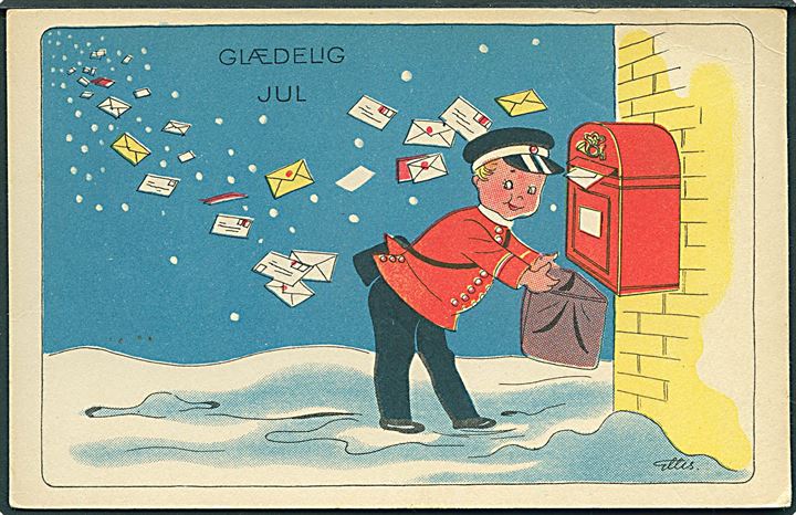 Ellis Hansen Møller: Glædelig Jul. Postbud tømmer postkasse. Wilkig & Landsbo no. 886. 
