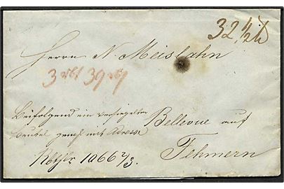 1846. Pengebrev fra Altona med antiqua I stempel K.D.P.A. Altona d. 12.5.1846 til Bellevue på Fehmarn i Hertugdømmerne. Flere portopåtegninger.