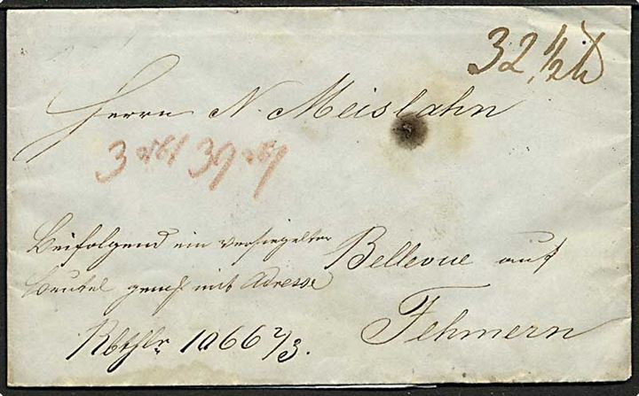 1846. Pengebrev fra Altona med antiqua I stempel K.D.P.A. Altona d. 12.5.1846 til Bellevue på Fehmarn i Hertugdømmerne. Flere portopåtegninger.