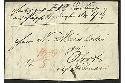 1844. Adressebrev for pakke fra Heiligenhafen dateret d. 22.12.1844 til Fehmarn. Portopåtegning med rødkridt.