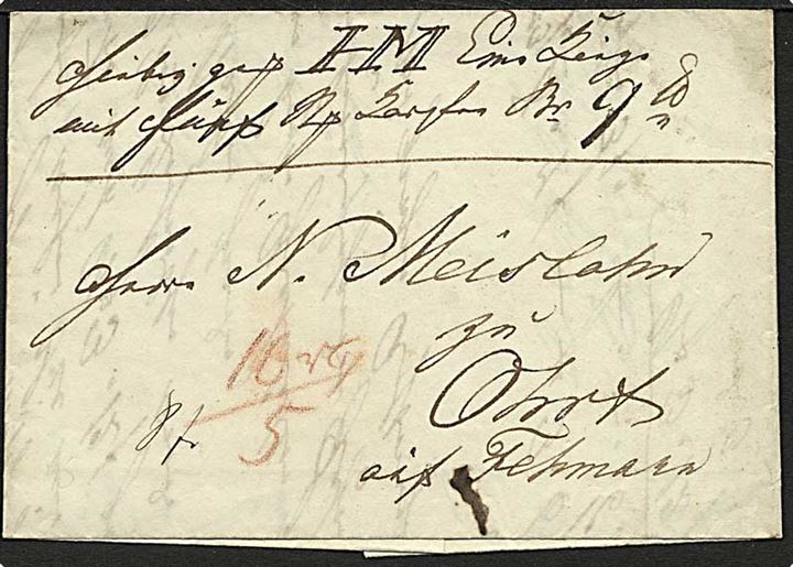 1844. Adressebrev for pakke fra Heiligenhafen dateret d. 22.12.1844 til Fehmarn. Portopåtegning med rødkridt.