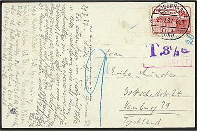 15 øre Regent jubilæum (mgl. tak) på underfrankeret brevkort fra København d. 22.7.1937 til Hamburg, Tyskland. Violet portostempel T.8 1/3c og påtegnet 9 pfg. tysk porto.