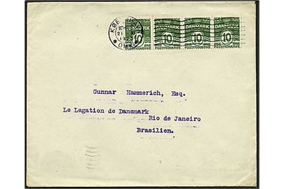 10 øre Bølgelinie i 4-stribe på brev fra København d. 21.11.1923 til Rio de Janeiro, Brasilien. Ank.stemplet d. 15.12.1923.