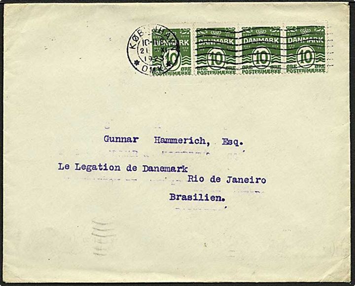 10 øre Bølgelinie i 4-stribe på brev fra København d. 21.11.1923 til Rio de Janeiro, Brasilien. Ank.stemplet d. 15.12.1923.