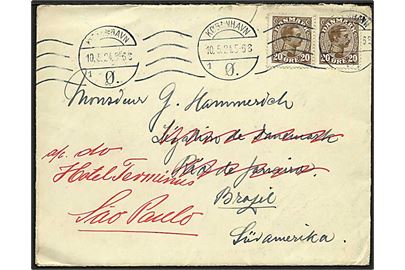 20 øre Chr. X i parstykke på brev fra København d. 10.5.1924 til danske legation i Rio de Janeiro, Brasilien - eftersendt til Sao Paulo.