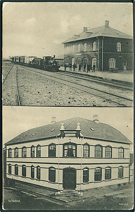 Nørre Nebel jernbanestation med tog og Afholdshotellet. G.M. 9981. Kvalitet 7