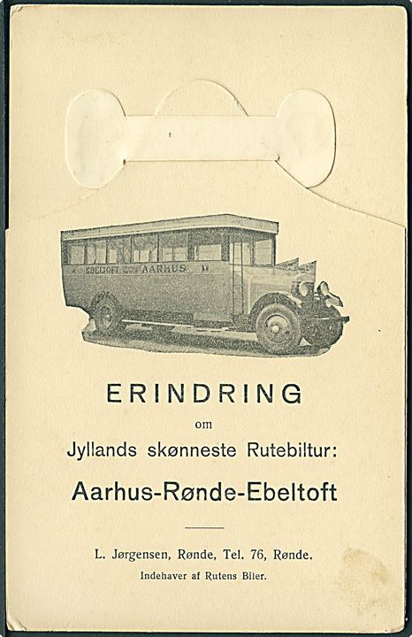 Aarhus-Rønde-Ebeltoft. Jyllands skønneste Rutebil-tur. Tryksagskort. 16 prospekter. J.J.N. 123874 Kvalitet 7