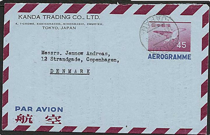 45 y. helsags aerogram fra Tokyo d. 14.6.1955 til København, Danmark.