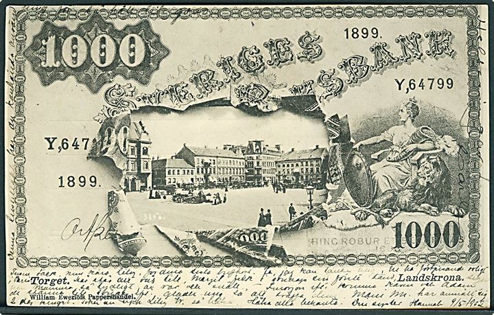 1000 kr. Sveriges Riksbank. Landskrona, Torvet.  O.E.K. no. 3356. På bagsiden fransk portomærke. Kvalitet 7