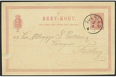 8 øre rød toforvet enkeltbrevkort fra Sulsted d. 2.8.1886 til Aalborg. Sulsted lapidarstempel.