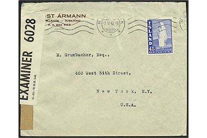 45 aur Geysir single på brev fra Reykjavik d. 7.5.1942 til New York, USA. Åbnet af britisk censur med PC90/6028 banderole.