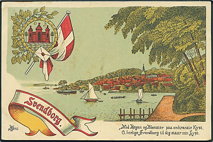 Svendborg, havneparti. Tegnet af August Schultz. U/no. Kvalitet 7