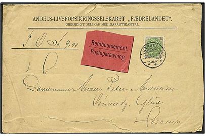 25 øre Tofarvet single på brev med postopkrævning fra Aarhus d. 6.6.1905 til Horsens. Kuvert meget forrevet. AFA: 2800