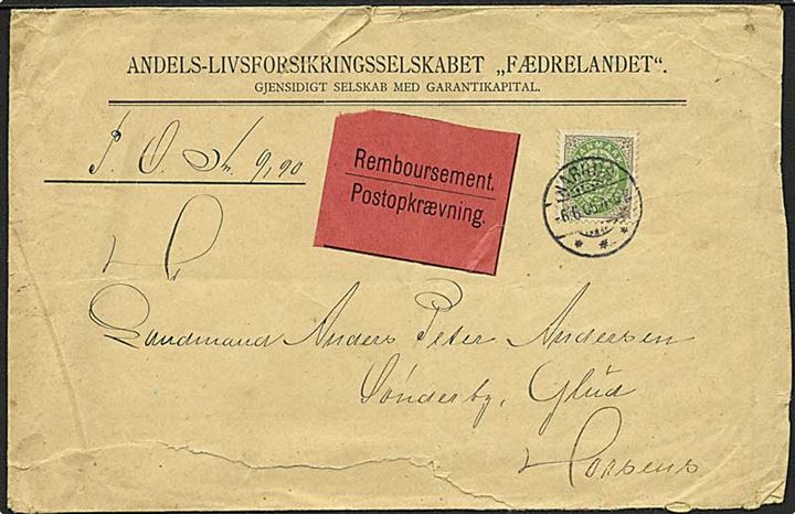 25 øre Tofarvet single på brev med postopkrævning fra Aarhus d. 6.6.1905 til Horsens. Kuvert meget forrevet. AFA: 2800