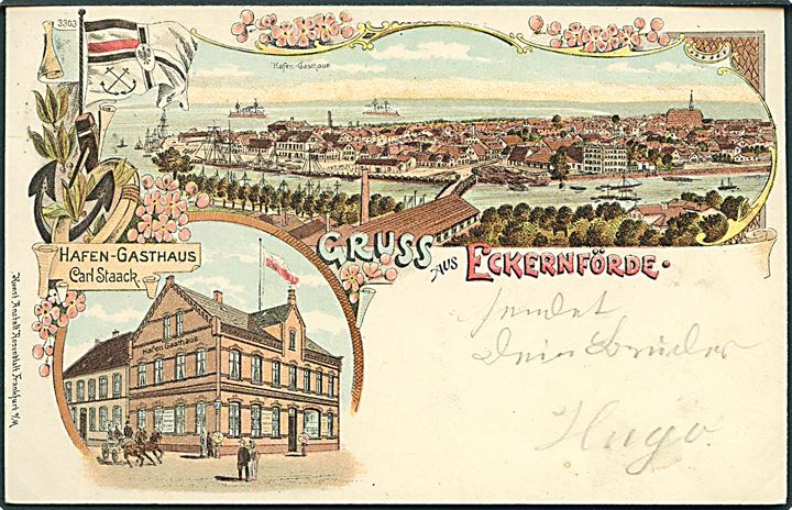 Tyskland, Schleswig. Eckernförde, “Gruss aus” med Hafen-Gasthaus Carl Staack. Rosenblatt no. 3303. Kvalitet 8