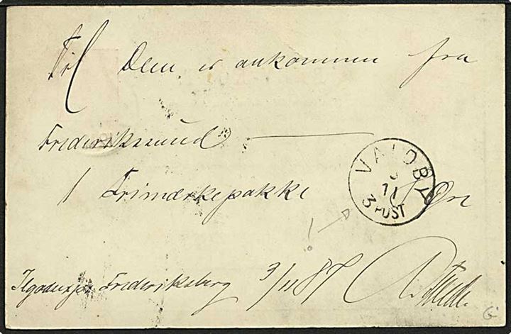 8 øre helsagsbrevkort annulleret med lapidar stempel Frederiksberg 1 d. 3.11.1887 til Valby. På bagsiden ank.stemplet lapidar Valdby.