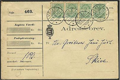 5 øre Våbentype i 4-stribe på adressebrev for pakke fra Veile d. 16.4.1905 til Skive.