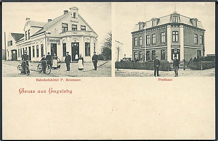 Tyskland, Schleswig. Engelsby, “Gruss aus” med posthus og Bahnhofshotel P. Reumann. U/no. Kvalitet 8