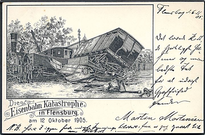 Tyskland, Schleswig. Flensburg, togulykken 12.10.1905. Tegnet kort. U/no. Kvalitet 8