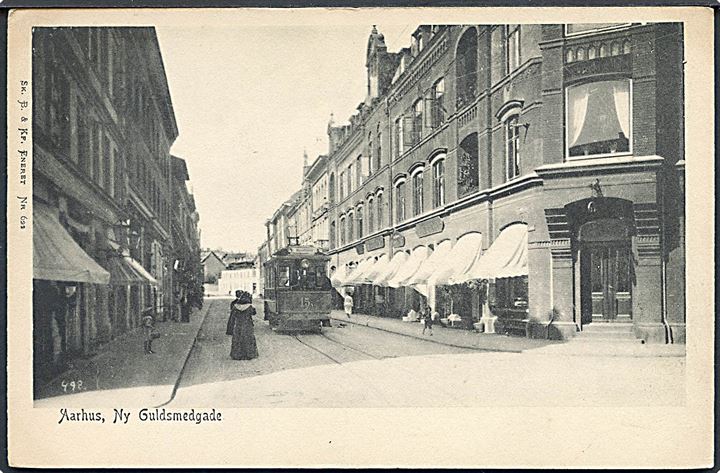 Aarhus, Ny Guldsmedgade med sporvogn no. 15. Sk. B. & KF. no. 622. Uden adresselinier. Kvalitet 7