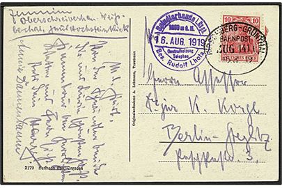 10 pfg. Germania på brevkort (Riesengebirge) annulleret med ovalt bureaustempel Hirschberg--Grünthal Zug 1411 d. 16.3.1919 til Berlin.
