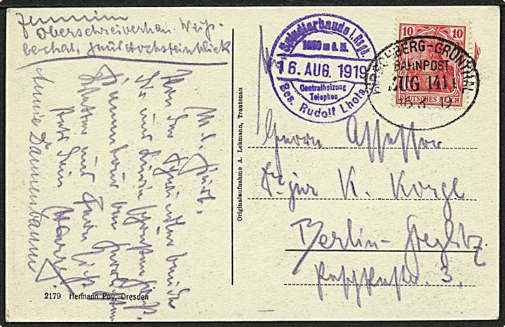 10 pfg. Germania på brevkort (Riesengebirge) annulleret med ovalt bureaustempel Hirschberg--Grünthal Zug 1411 d. 16.3.1919 til Berlin.