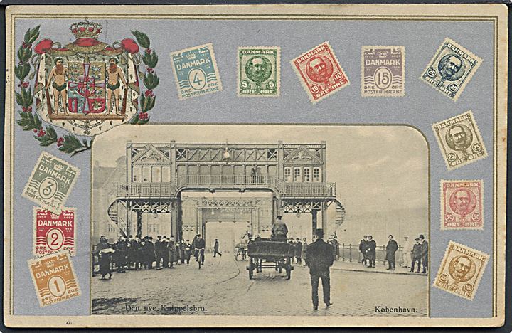Købh., Knippelsbro med våbenskjold og frimærker. U/no. Kvalitet 7