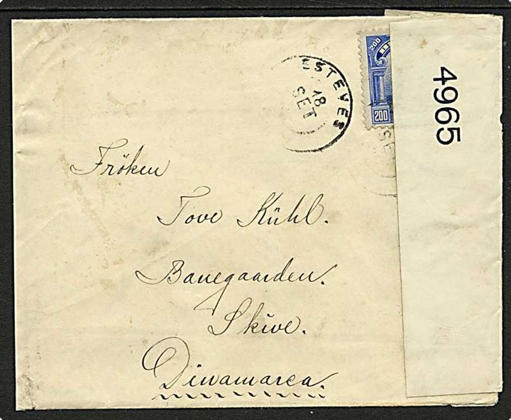 200 Reis frankeret brev fra Esteves d. 18.9.1917 via R.M.-Rio Volta til Skive, Danmark. Åbnet af britisk censur No. 4965.