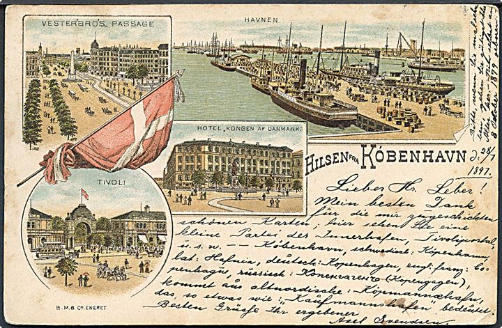 Købh., “Hilsen fra” med havnen, Vesterbros Passage, Hotel Kongen af Danmark og Tivoli. B. M. & Co. U/no. Kvalitet 7