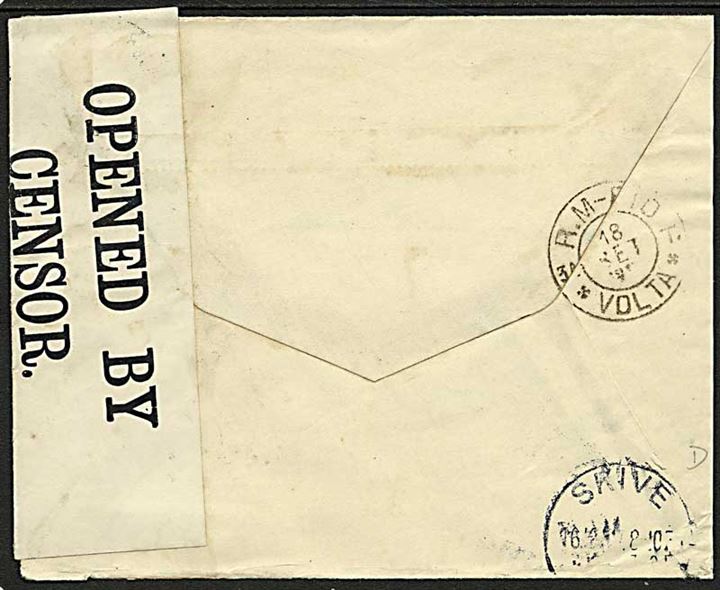 200 Reis frankeret brev fra Esteves d. 18.9.1917 via R.M.-Rio Volta til Skive, Danmark. Åbnet af britisk censur No. 4965.
