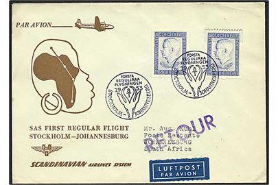 40+10 øre Gustaf 90 år på SAS første flyvningskuvert fra Stockholm til Johannesburg d. 8.1.1953.