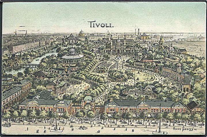 Købh., Panorama over Tivoli. Tegnet af Franz Sedivy. Stenders no. 9709. Kvalitet 8