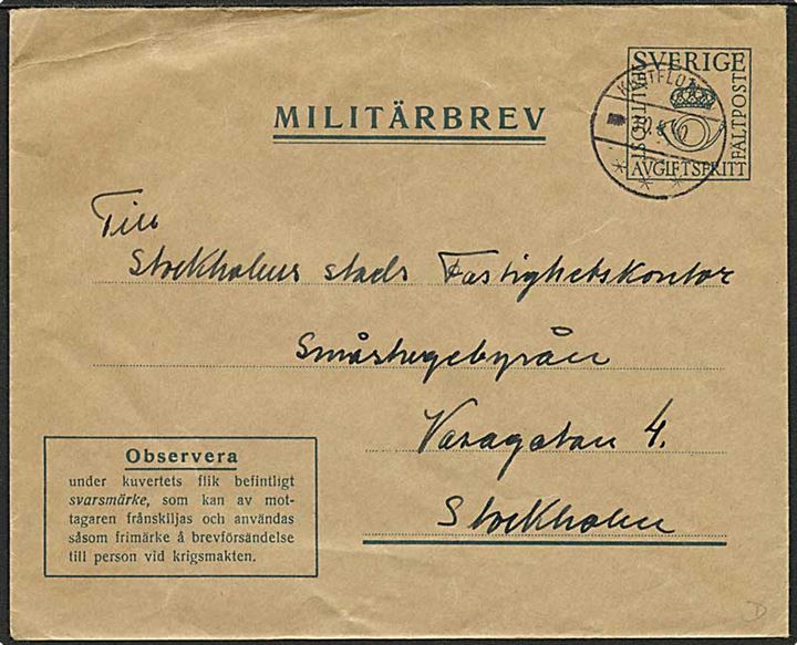 Militärbrev m. svarmærke stemplet Kustflottan d. 10.8.1940 til Stockholm. Fra panserskibet HMS Sverige.