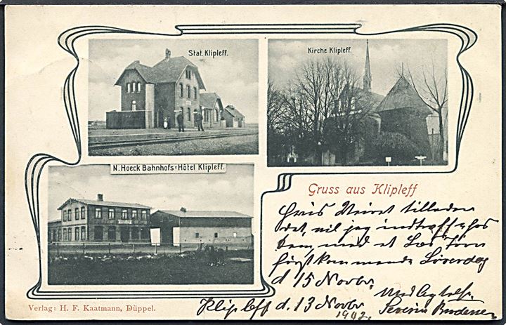 Kliplev, partier med station og Bahnhofs-Hotel og kirke. H. F. Kaatmann u/no. Kvalitet 8