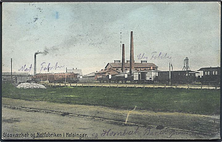 Helsingør, Glasværk og Netfabrik med togvogne. J. M. no. 614. Frimærke afrevet. Kvalitet 6