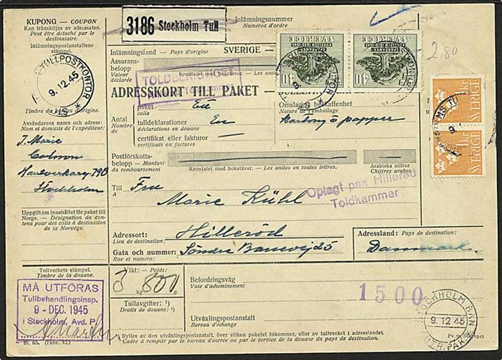 40 öre Sparekassen og 1 kr. Tre Kroner i parstykker på internationalt adressekort for pakke fra Stockholm d. 9.12.1945 til Hillerød, Danmark.