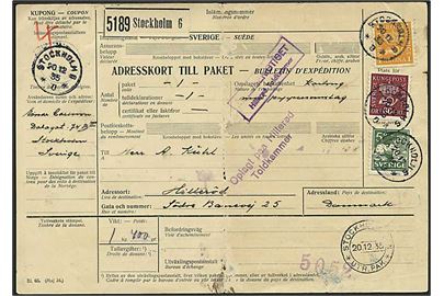 5 öre Løve, 60 öre og 1 kr. Posthorn på 1,65 kr. frankeret internationalt adressekort for pakke fra Stockholm d. 20.12.1935 til Hillerød, Danmark.